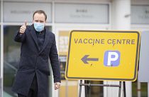 Health Secretary Matt Hancock during a visit to the NHS vaccine centre in the grounds of the horse racing course at Epsom in Surrey, England, Monday Jan. 11, 2021.
