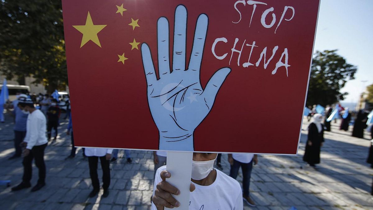 Çin'in Sincan politikası protestolarından bir kare 