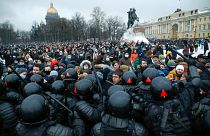 Protesters in St. Petersburg, Russia, clash with police over the jailing of opposition leader Alexei Navalny on Jan. 23, 2021.