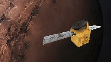 This June 1, 2020 illustration provided by Mohammed Bin Rashid Space Centre depicts the United Arab Emirates' Hope Mars probe. 