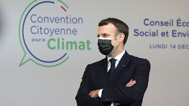France's President Emmanuel Macron attends to the Citizens' Convention on Climate, in Paris, Dec. 14 2020.
