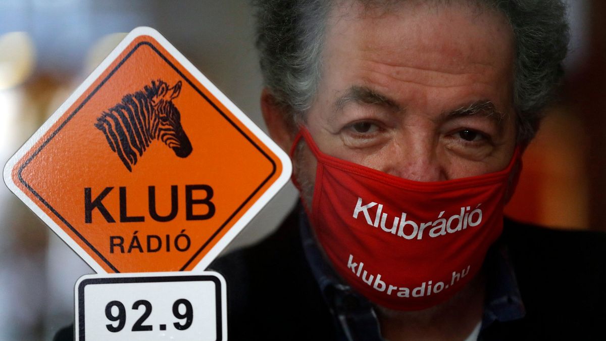 Andras Arato, Klubradio's director and CEO is seen in the studio of Klubradio in Budapest, Tuesday, Feb. 9, 2021.