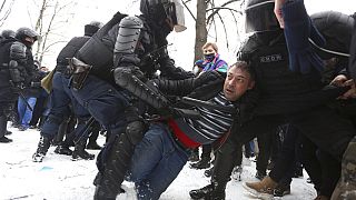 Police detain protesters during a protest against the jailing of opposition leader Alexei Navalny in St. Petersburg, Russia