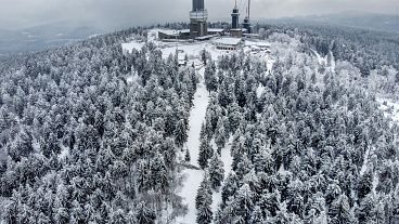 Trees are covered with ice rain, frozen fog and snow on top of the Feldberg mountain near Frankfurt, Germany, Tuesday, Feb. 9, 2021