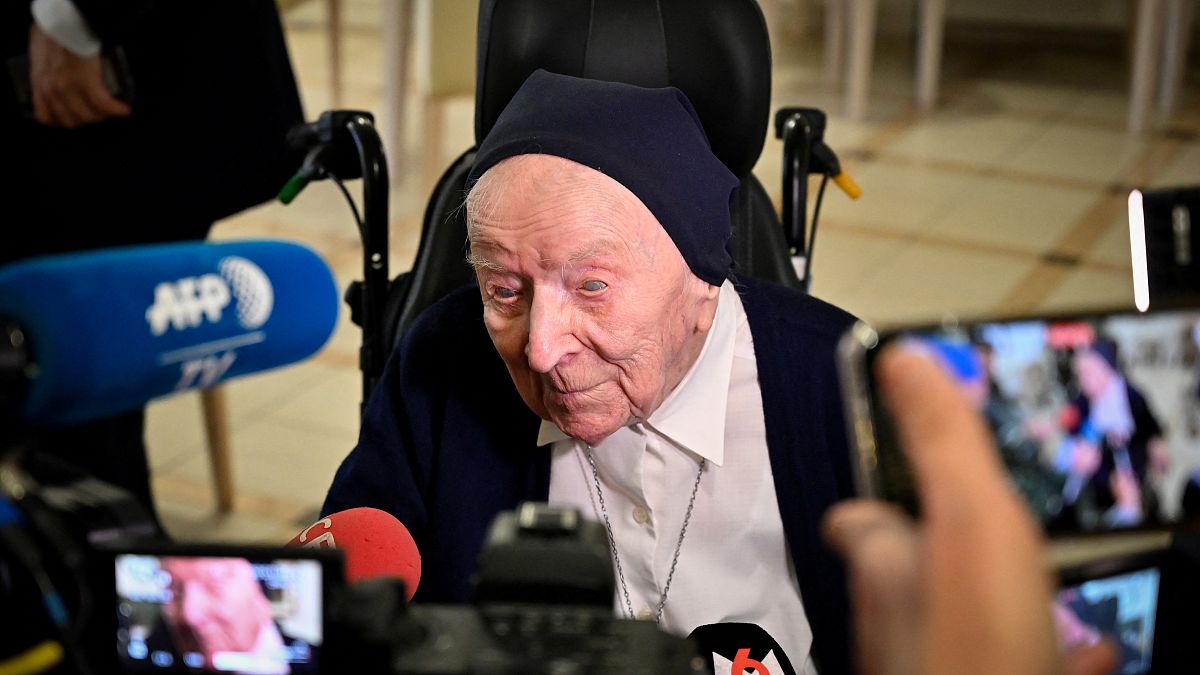 Sister Andre, Lucille Randon in the registry of birth, talks to journalists during an event to celebrate her 116th birthday in Toulon, southern France. Feb. 11, 2020