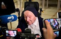 Sister Andre, Lucille Randon in the registry of birth, talks to journalists during an event to celebrate her 116th birthday in Toulon, southern France. Feb. 11, 2020