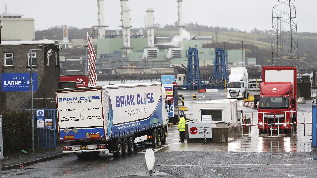 Vehicles at the port of Larne, Northern Ireland, Tuesday, Feb. 2, 2021. 