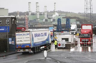 Vehicles at the port of Larne, Northern Ireland, Tuesday, Feb. 2, 2021. 