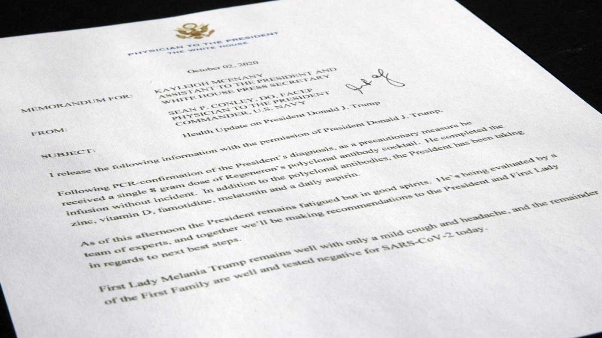 Il memorandum del medico di Donald Trump alla Casa Bianca, Sean Conley, in cui si attesta che è stato curato con una dose da 8g di cocktail Regeneron