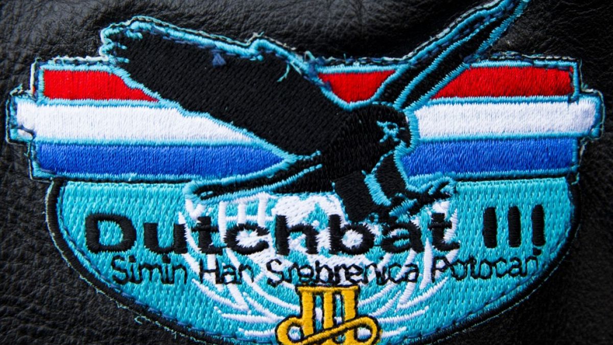 The logo of the Dutchbat III unit seen is pictured outside a courthouse in Arnhem
