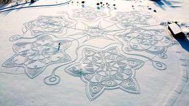 A giant snow drawing created by 11 snowshoe-clad volunteers in Espoo, outside Helsinki, Finland. 