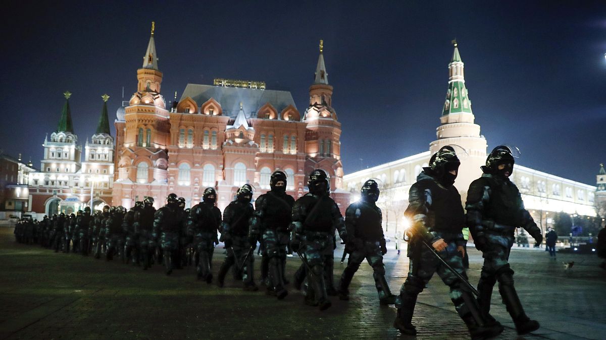 Servicemen of the Russian National Guard gathered at the Red Square in Moscow on 2 February.
