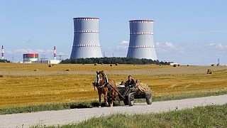 A man in a horse drawn carriage travels on a road, with Belarus's first nuclear plant in the background near Astravets, Belarus, Friday, Aug. 7, 2020. 
