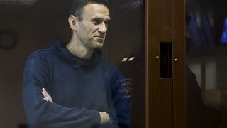 Russian opposition leader Alexei Navalny stands in a cage during a hearing on his charges for defamation, in the Babuskinsky District Court in Moscow, Russia. Feb. 5, 2021., 