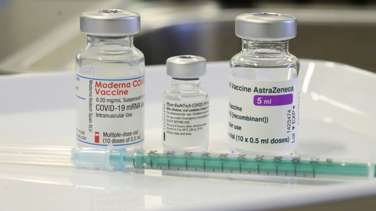 Three vials with different vaccines against Covid-19 by Moderna, Pfizer-BioNTech and AstraZeneca 