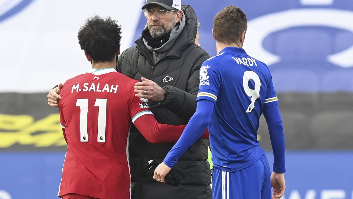 Jürgen Klopp bei Liverpools Niederlage gegen Leicester City am vergangenen Wochenende (mit den Star-Stürmern Mohammed Salah und James Vardy)