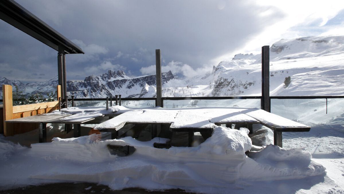 In this Friday, Jan. 29, 2021 file photo, a view of the closed hut "Rifugio Scoiattoli" in Cortina D'Ampezzo, Italy.