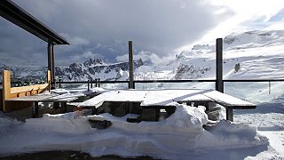 In this Friday, Jan. 29, 2021 file photo, a view of the closed hut "Rifugio Scoiattoli" in Cortina D'Ampezzo, Italy.