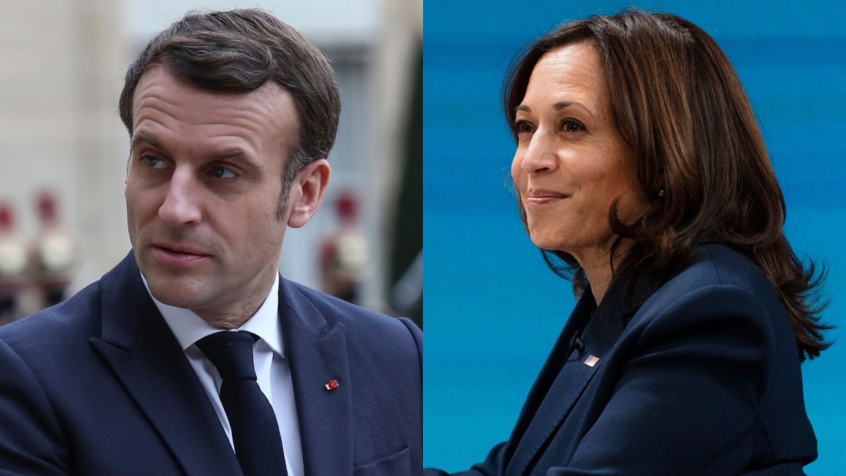 French President Emmanuel Macron, left. US Vice President Kamala Harris, right.