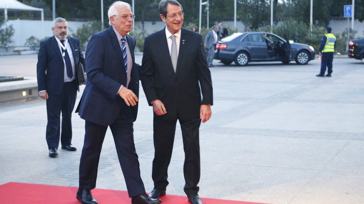 Cypriot President Nicos Anastasiades, right, welcomes the Foreign Affairs of Spain Josep Borrell 