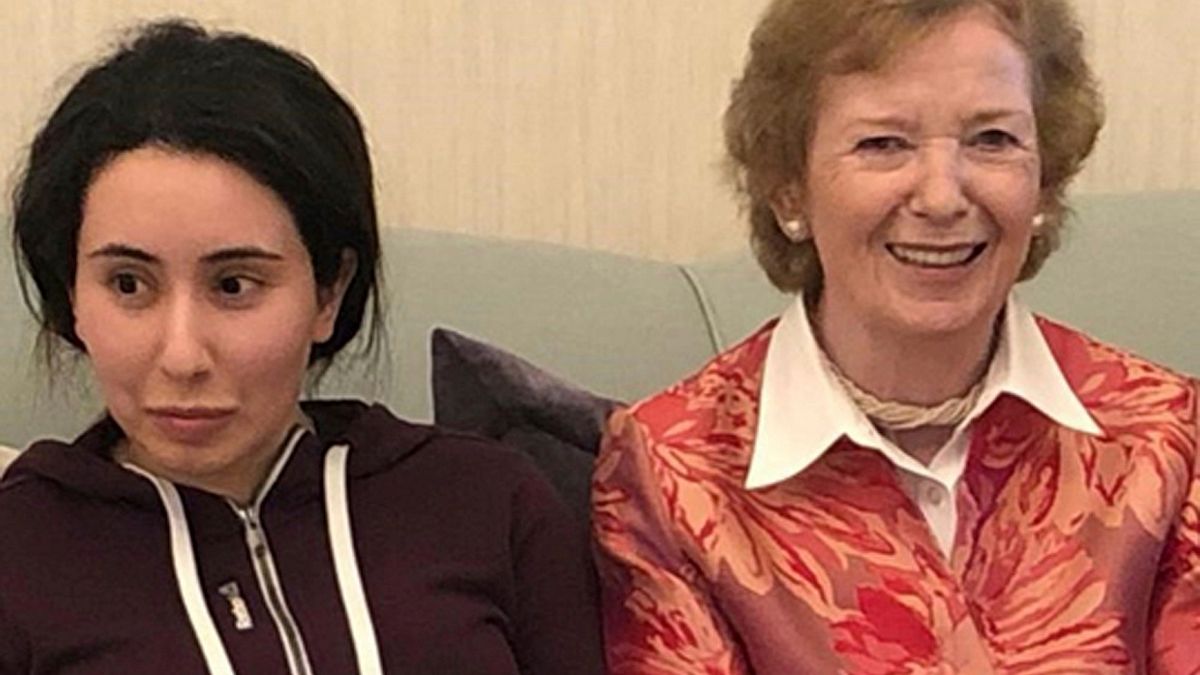 In this Dec. 15, 2018 photo Sheikha Latifa bint Mohammed Al Maktoum meets Mary Robinson, a former United Nations High Commissioner for Human Rights.