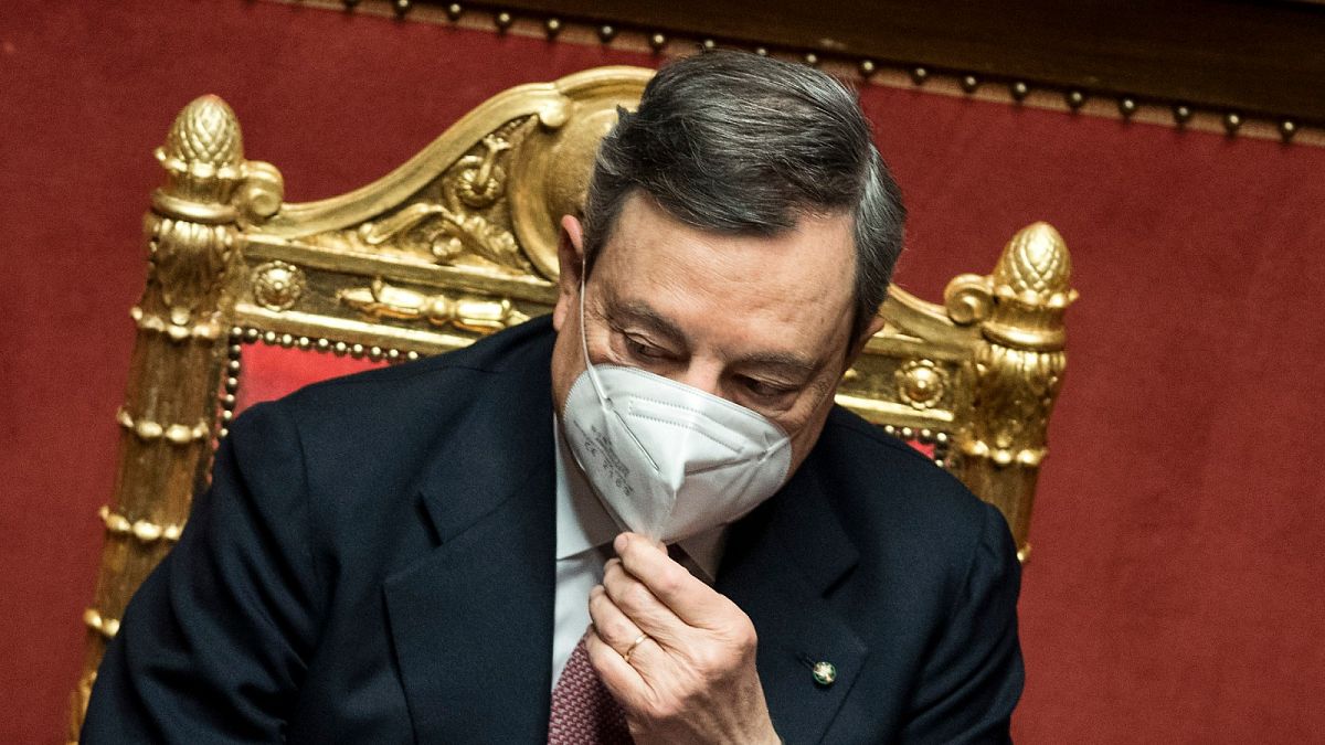 Italy's prime minister Mario Draghi addresses the Senate in Rome Wednesday, Feb. 17, 2021.