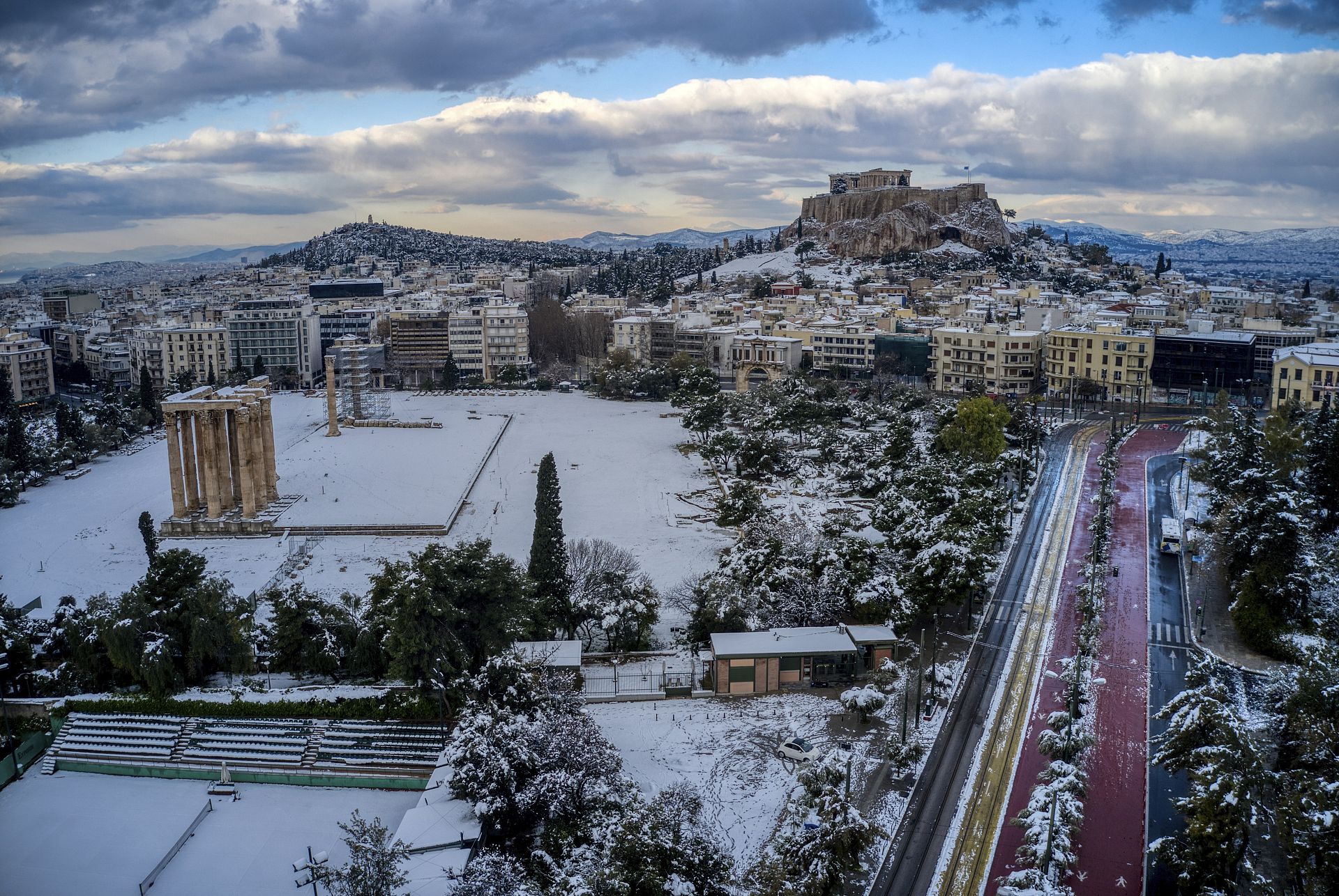 The iconic Acropolis in Athens is covered in snow for the first time in