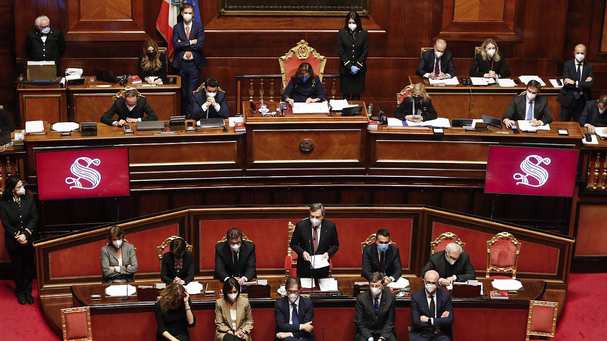 ماريو دراغي في مجلس الشيوخ في روما قبيل التصويت على منح الثقة. 2021/02/17