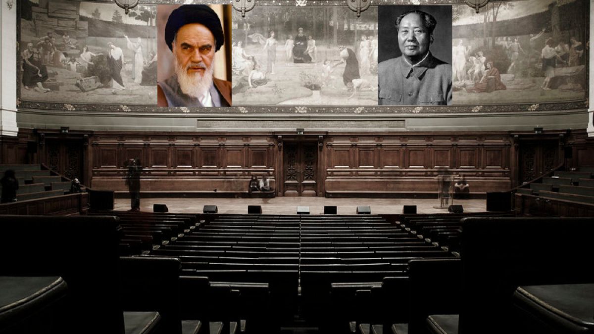 تصویر ساختگی و تخیلی از نصب عکس‌های روح‌الله خمینی و مائوتسه تونگ در دانشگاه سوربن پاریس Martin Clavey