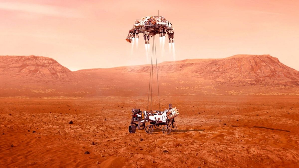 تصویرسازی از فرود «پشتکار» بر روی سطح کره مریخ