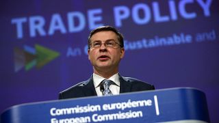 Kommissions-Vizepräsident Valdis Dombrovskis bei der Vorstellung der neuen Handelsstrategie in Brüssel