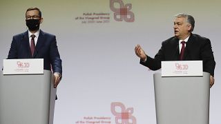 Prime Minister of Hungary Viktor Orban, right, and Polish Prime Minister Mateusz Morawiecki