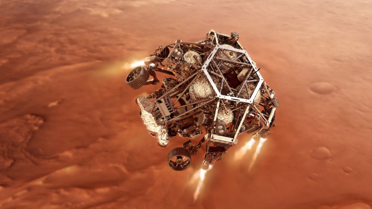 Ilustración de la llegada a Marte de Perseverance. Para que llegue con éxito debe producirse una coreografía milimetrada 