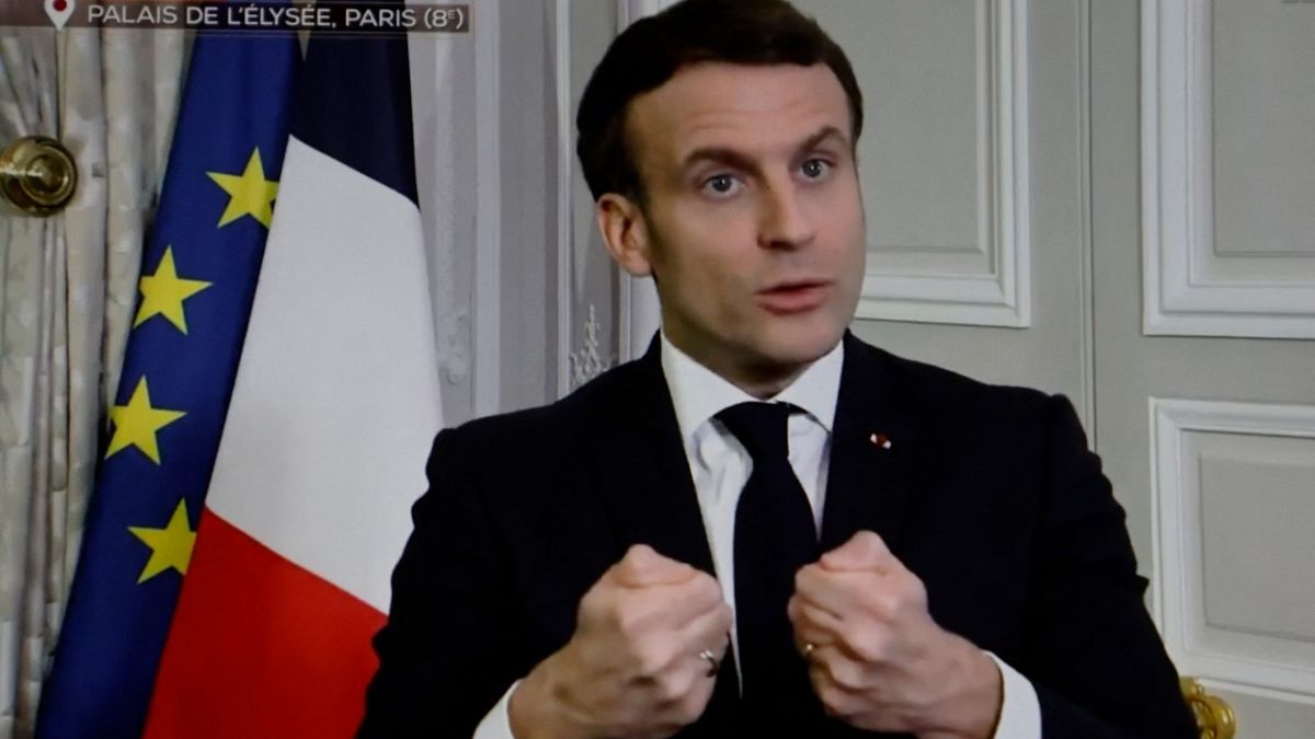 French President Emmanuel Macron giving an interview from the Elysee Palace on TF1, following a video-conference meeting on Covid-19 vaccine production, Feb. 2, 2021.