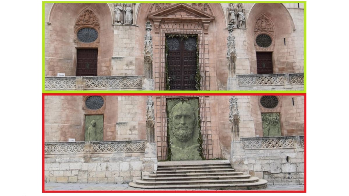 A jelenlegi fa ajtók és a tervezett bronz kapuzat - Burgos katedrálisa, Spanyolország