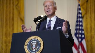 President Joe Biden participates in a virtual event with the Munich Security Conference in the East Room of the White House, Friday, Feb. 19, 2021, in Washington. 