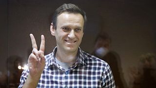 Russian opposition leader Alexei Navalny stands in a cage in the Babuskinsky District Court in Moscow, Russia, Saturday, Feb. 20, 2021.