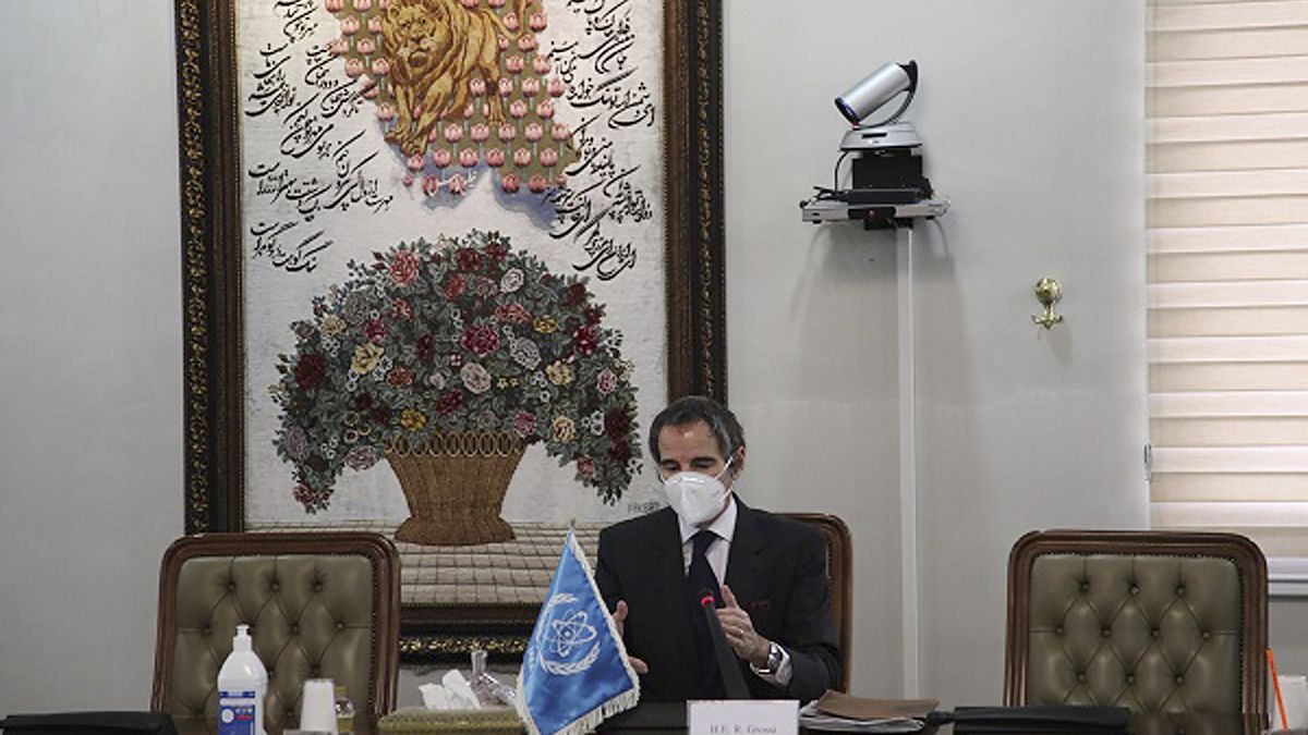 Director General of International Atomic Energy Agency, IAEA, Rafael Mariano Grossi in a meeting with Iran's atomic chief Ali Akbar Salehi in Tehran, Iran. Feb. 21, 2021.