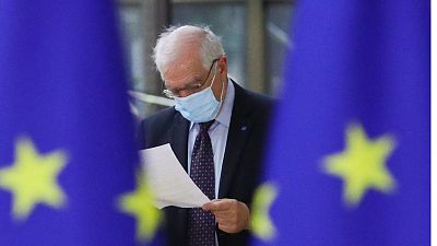 EU's top diplomat Josep Borrell arrives for the EU Foreign Ministers meeting in Brussels, on February 22, 2021