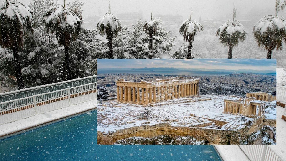 Nizza havas pálmafái 2011-ben és a havas Akropolisz 2021-ben