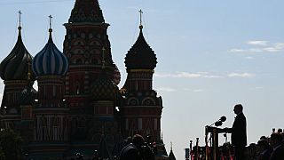 Russian President Vladimir Putin delivers his speech during the Victory Day military parade marking the 75th anniversary of the Nazi defeat in Moscow, Russia.