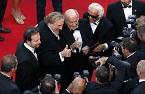 Gérard Depardieu en compgnie de Sepp Blatter et Frederic Auburtin lors du 67ème festival de Cannes, le 18 mai 2014, France