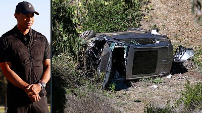 Imagem de arquivo do golfista e foto atual do veículo após o acidente