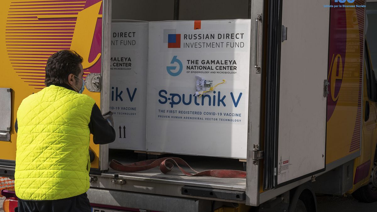 Boxes containing Russian vaccine Sputnik V are unloaded in San Marino, Tuesday, Feb. 23, 2021.
