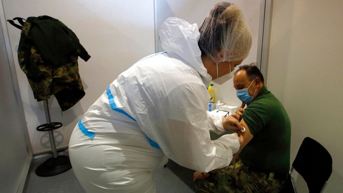 A medical worker gives a shot of COVID-19 vaccine to a Serbian army soldier during the vaccination in Belgrade, Serbia, Tuesday, Jan. 19, 2021. 