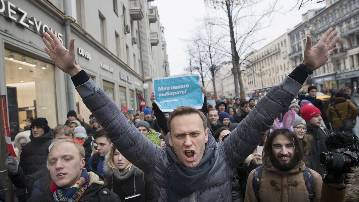 الکسی ناوالنی در تظاهرات ضد پوتین در سال ۲۰۱۸