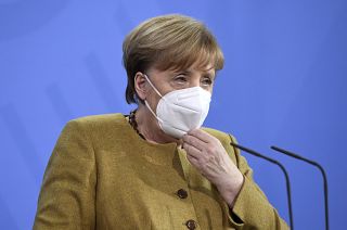 German Chancellor Angela Merkel at a news conference in Berlin, Germany, Friday Feb. 19, 2021. 
