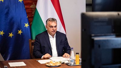 Orbán Viktor magyar miniszterelnök a visegrádi országok miniszterelnökeinek online egyeztetésén a Karmelita kolostorban 2021. február 25-én