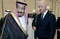 In this Oct. 27, 2011 photo, then U.S. VP Joe Biden, right, offers his condolences to then Prince Salman bin Abdel-Aziz upon the death of his brother in Riyadh, Saudi Arabia.