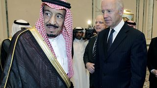 In this Oct. 27, 2011 photo, then U.S. VP Joe Biden, right, offers his condolences to then Prince Salman bin Abdel-Aziz upon the death of his brother in Riyadh, Saudi Arabia.